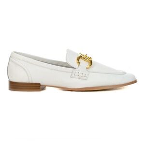 Jeffrey Campbell White Velviteen Leather Loafer with Gold Horsebit Buckle Sz 6.5